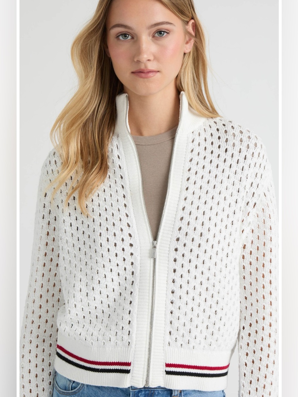 Hunter Women's White Cropped Openwork Bomber Jacket White with Red & Black Trim - Picture 5 of 12